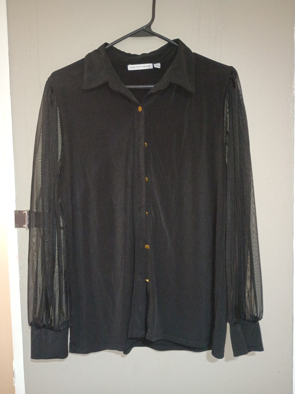 NOTATIONS Black Button-Front Blouse with Sheer Sleeves and Gold Buttons